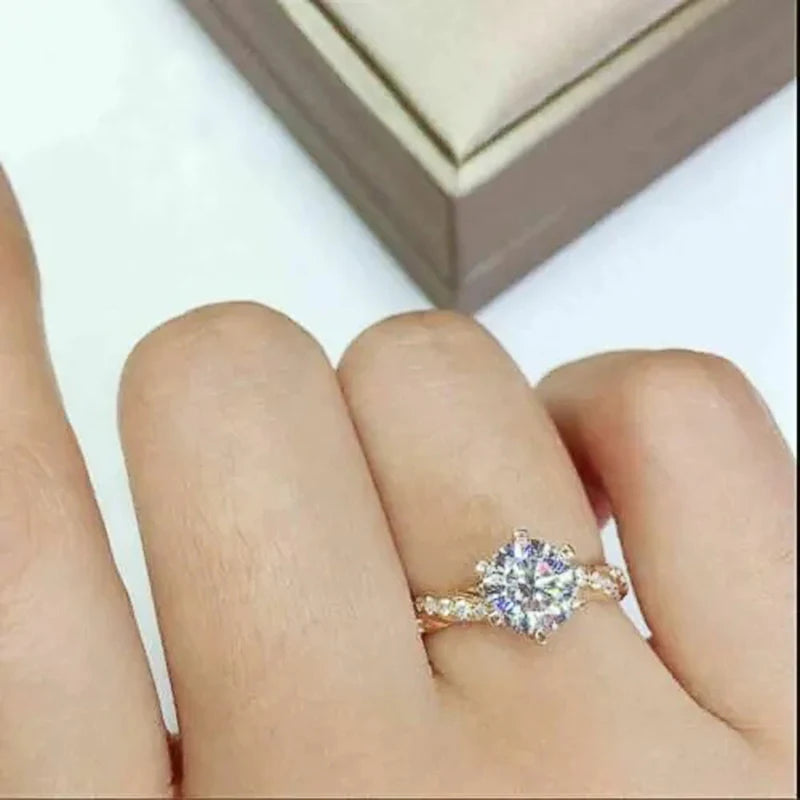 Classic 6 Claw Cubic Zirconia Rings for Women Luxury Gold Color Wedding Engagement Bands Eternity Lady Jewelry Wholesale