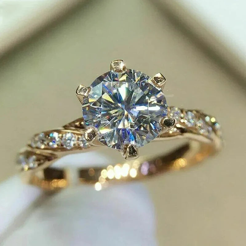 Classic 6 Claw Cubic Zirconia Rings for Women Luxury Gold Color Wedding Engagement Bands Eternity Lady Jewelry Wholesale