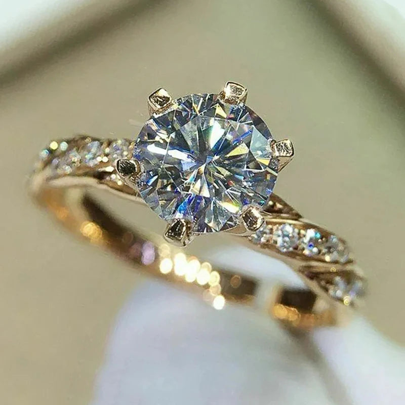 Classic 6 Claw Cubic Zirconia Rings for Women Luxury Gold Color Wedding Engagement Bands Eternity Lady Jewelry Wholesale